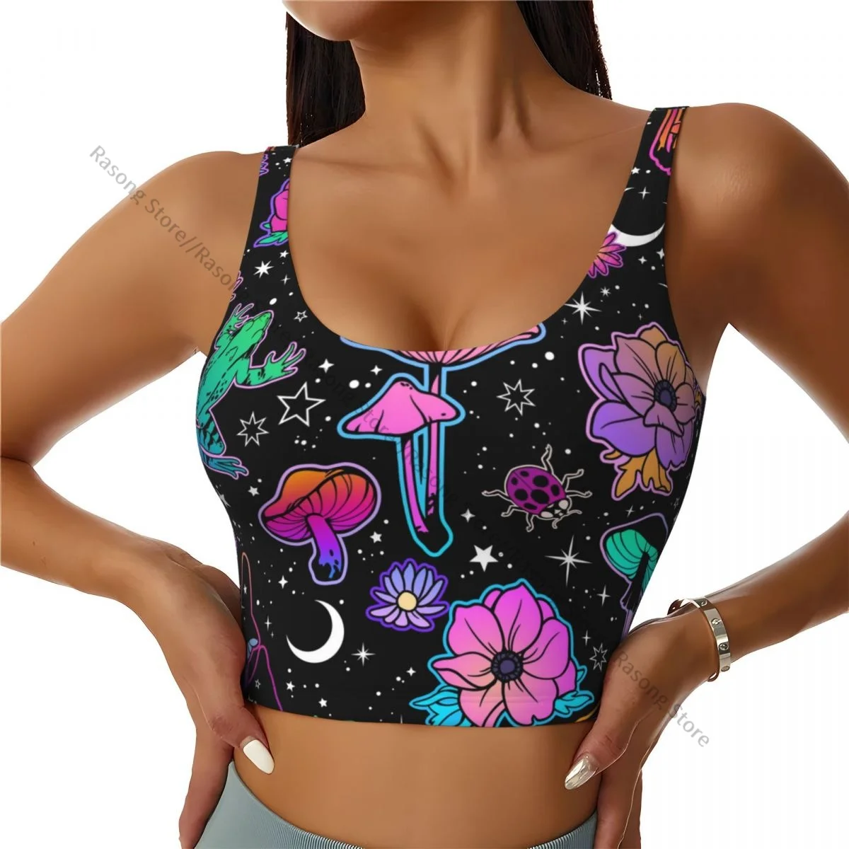 Yoga Vest Women Gym Sports Crop Tops Magical Flowers Mushrooms And Frogs Streetwear Workout Breathable Tank Top Female