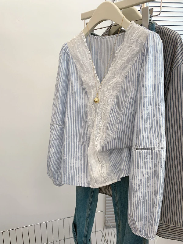 

plus Size Women's Blue White Stripes Lace Patchwork Shirt Summer Sun Protection Casual Loose Fit Long Sleeve V Neck Top