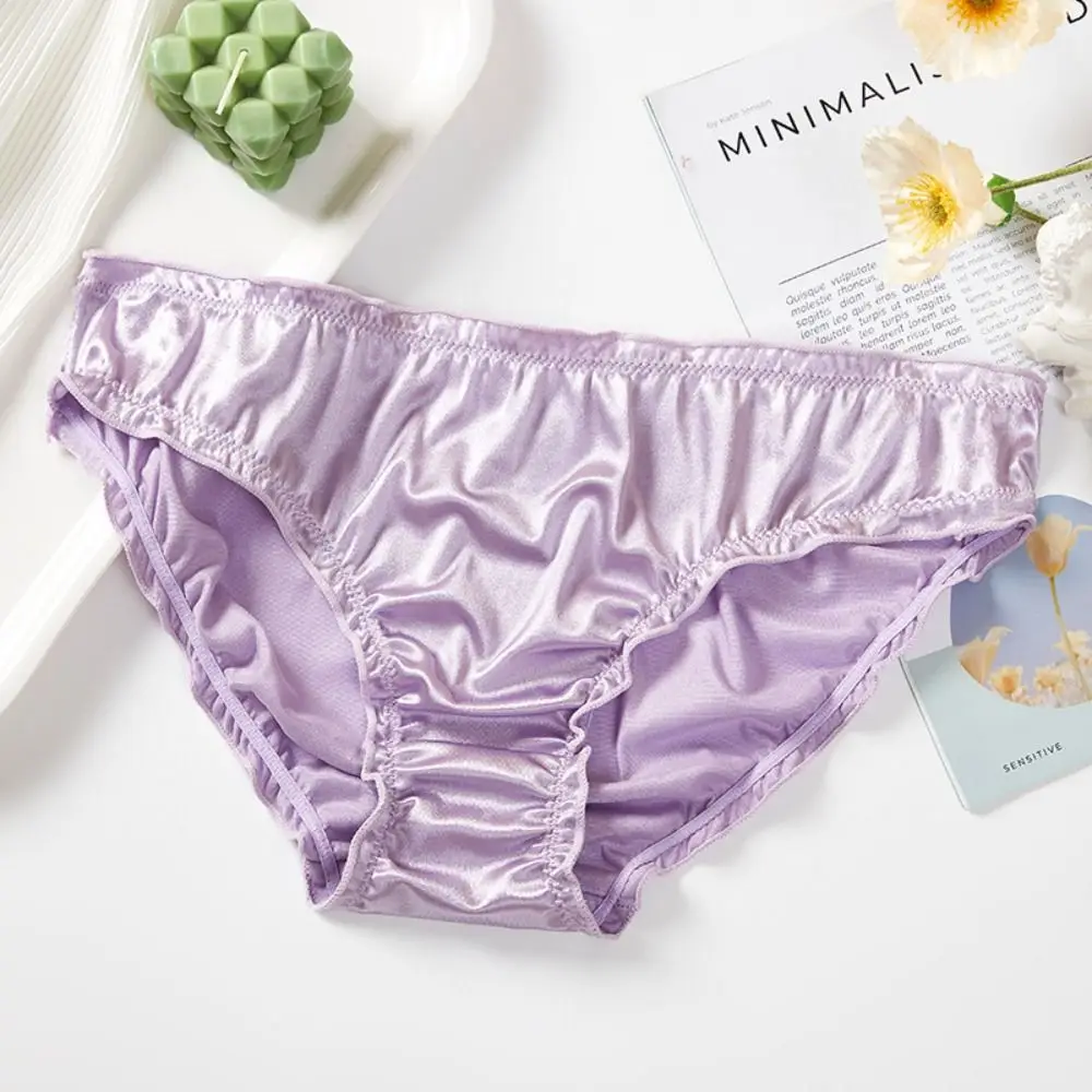 Simple Low Waist Satin Silk Panties Solid Color Underpants Ruffles Briefs Underwear Thin Women's Panties Daily