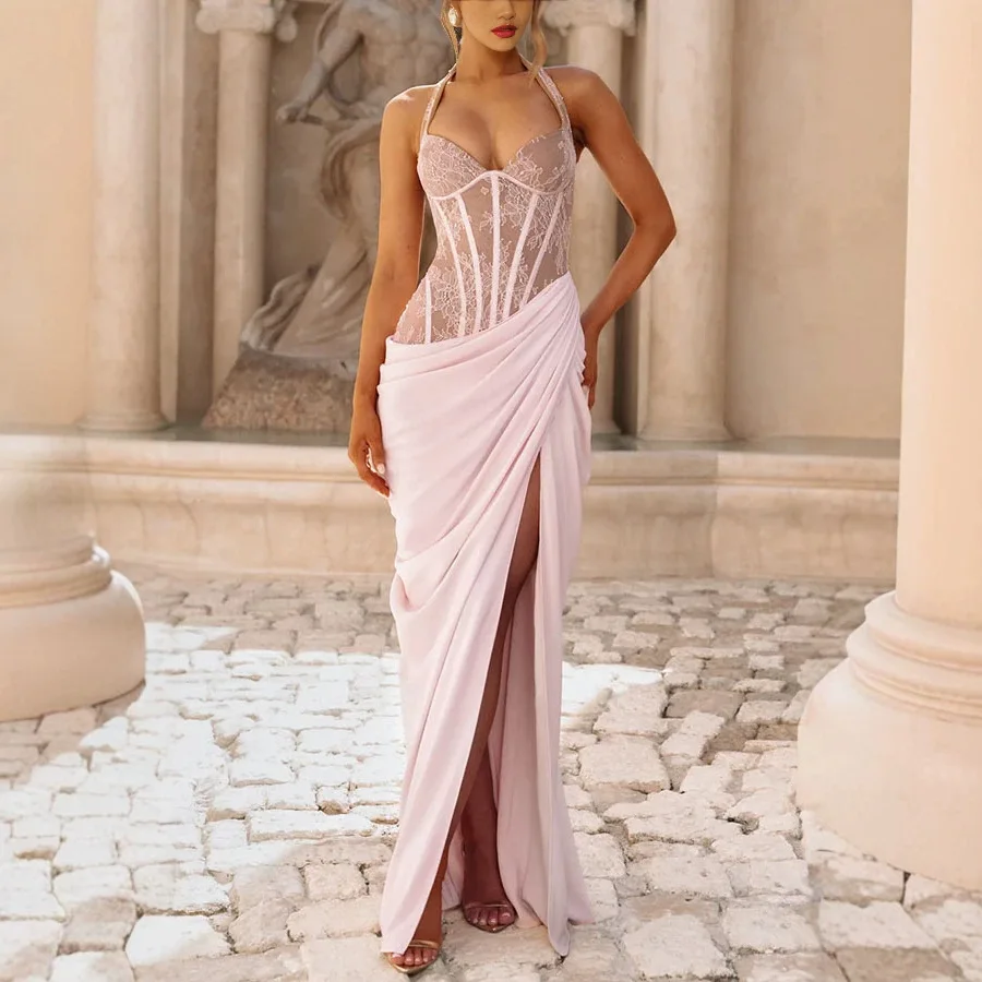 Sexy Slim Fit Women's Dress with Lace Suspender mid Waist Knitted Polyester Summer Casual Thin Long Sleeve Bodycon Gown