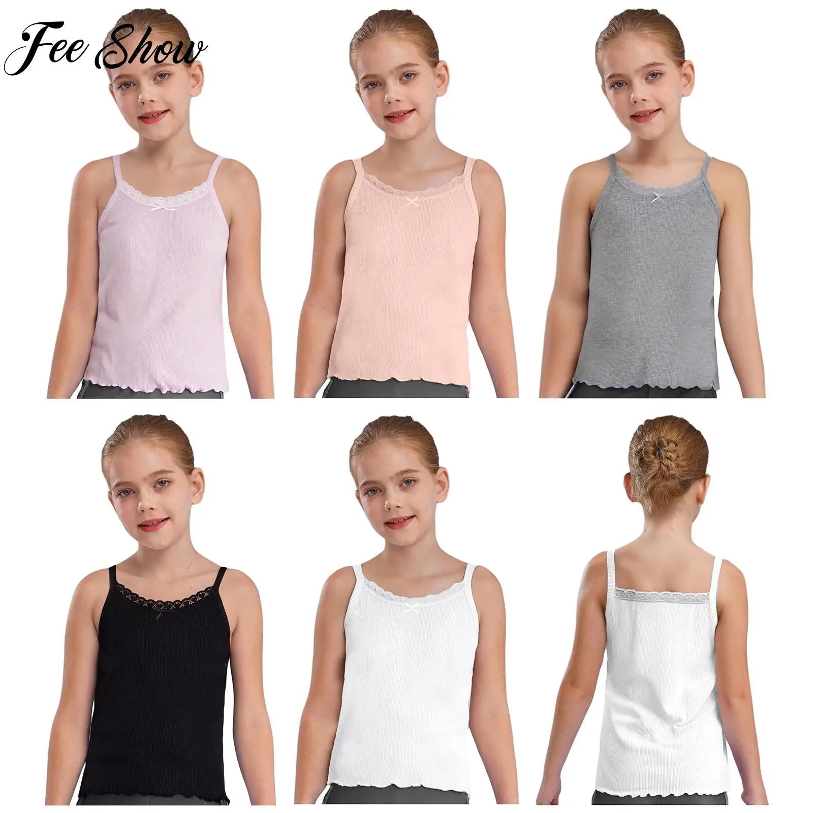 

2025 Kids Girls Spaghetti Straps Vest Sleeveless Bowknot Lace Trim Ribbed Texture Lettuce Hem Camisole Undershirt Streetwear