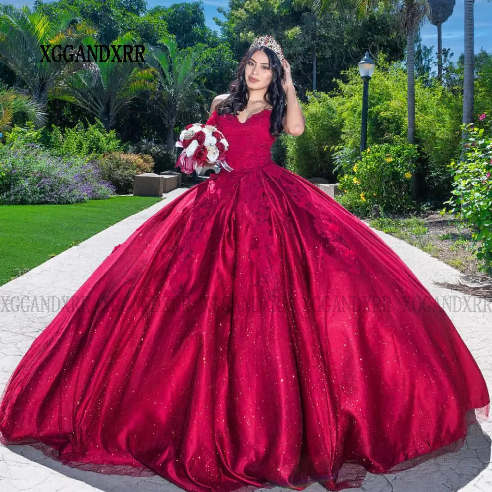 

Бордовое платье XV Quinceanera 2025 Красное платье Vestido De 15 Años Quinceañeras Блестящее милое кружевное платье с аппликацией Sweet 16, платье принцессы