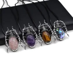 1pc Oval Beetle Natural Stone Amethyst Rose Quartz Shell Inlaid Pendant Necklace DIY Jewelry Necklace Bracelet Gift With Chain