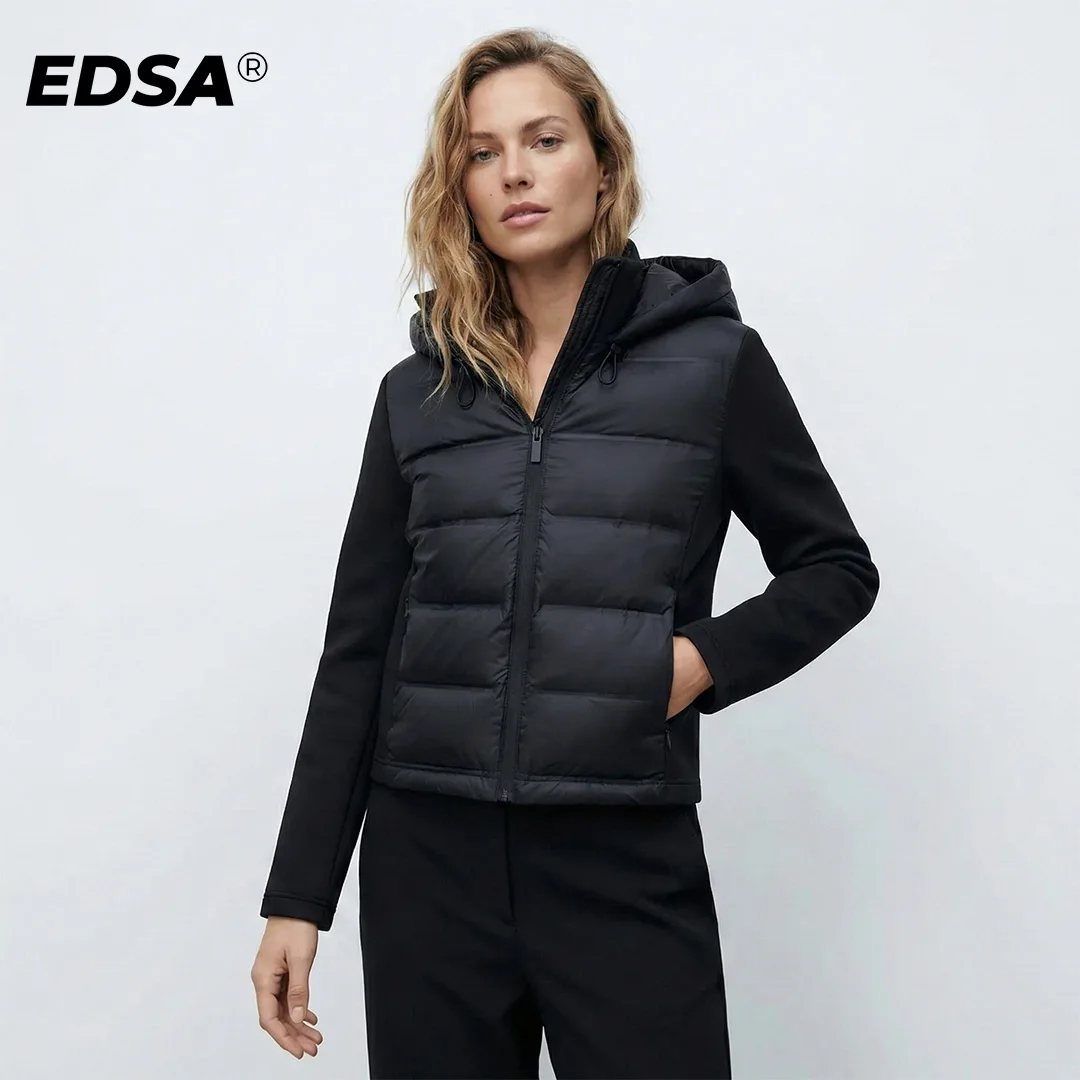 EDSA Women Black Padded Jacket Adjustable Hood with Stoppers High Neck Long Sleeves Side Pockets Winter Warm Top Outerwear