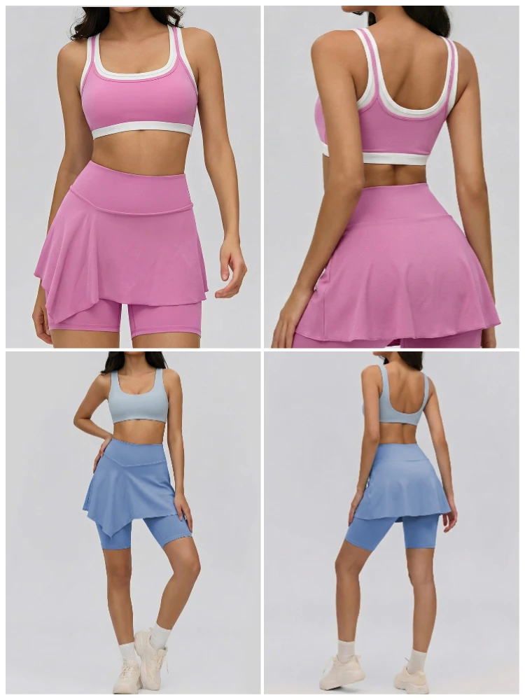 VITALINOVO Damen 2-teiliges Tennisrock-Set Hochgeschnittenes Rüschen-Golf-Outfit Skort Quadratischer Ausschnitt Sport-BH Athletisches Kleid Pickleball – Detail 7