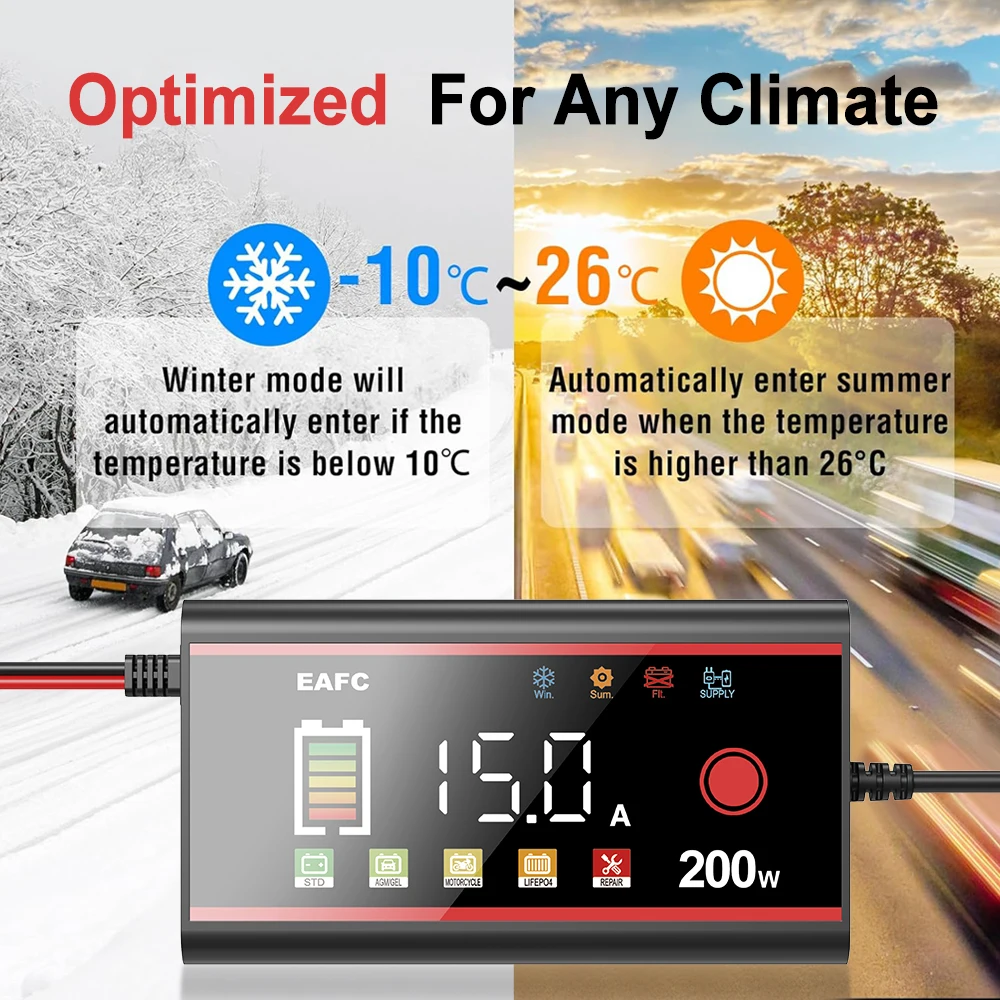 EAFC Große Leistung 200 W 100 W Batterie Ladegerät 12 V/24 V Auto Batterie Ladegerät Smart Pulse Reparatur für Auto LiFePO4 AGM GEL NASS Blei Säure
