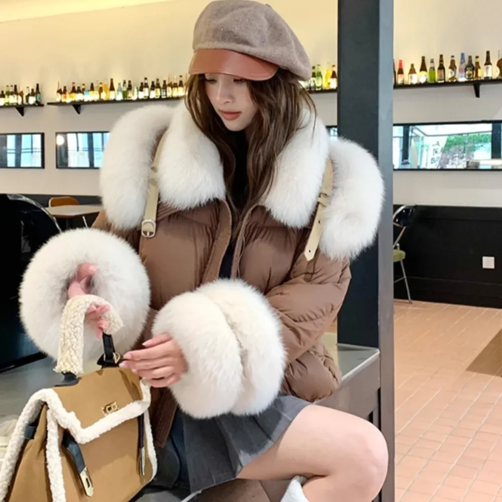 여성용 2025 겨울 신상 천연 여우털 칼라 다운 재킷 럭셔리 화이트 구스 다운 재킷 캐주얼 두꺼운 패딩 코트 여성 파카