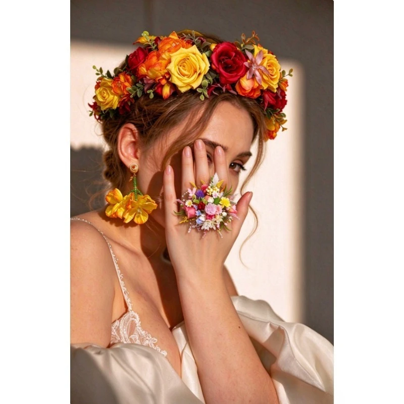 3pcs/Floral Headband Earrings & Ring Set – Bohemian Flower Hair Accessories for Bride, Bridesmaid, Wedding & Vacation