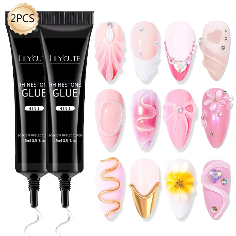 

LILYUCUTE 2pcs Nail Rhinestone Glue Gel Set 4 in 1 Clear 3D Modeling Gel Adhesive Tips Glue Nail Art Soak Off UV Varnish