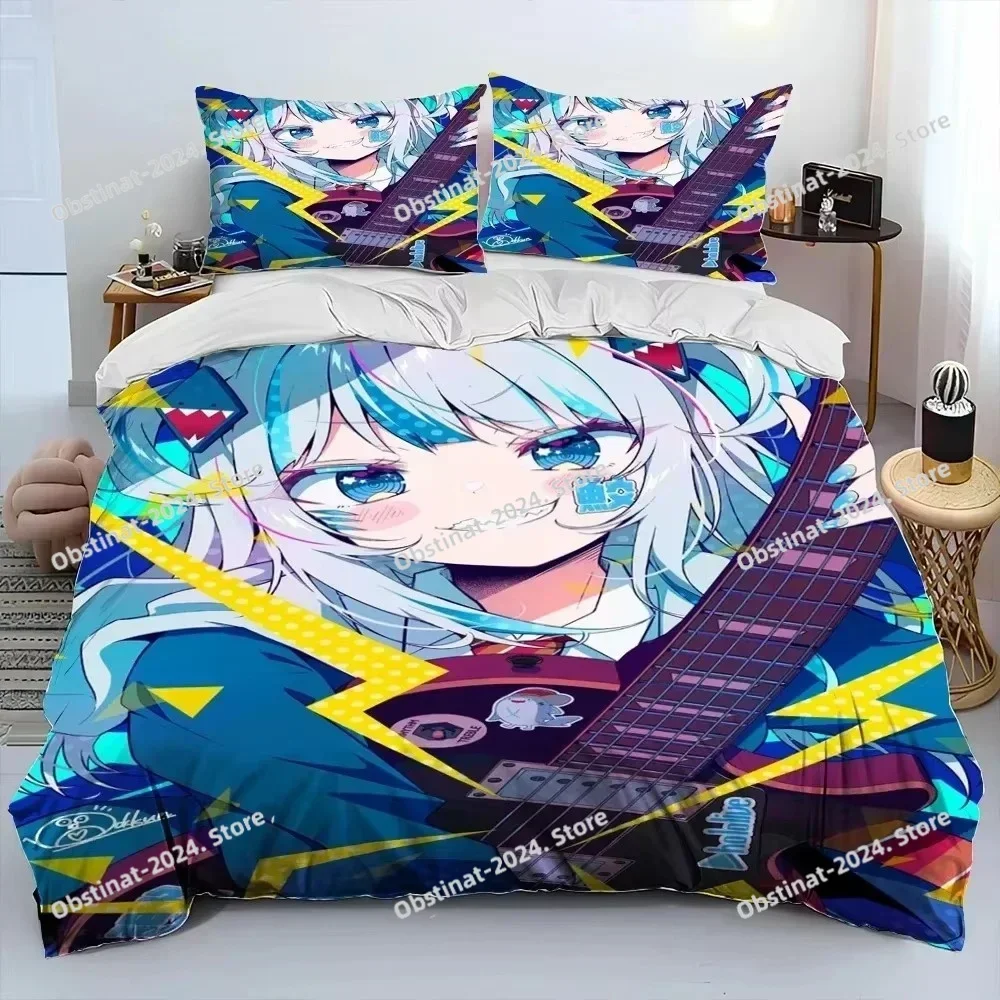 Cute Gawr Gura Hololive Anime Shark Printed Duvet Cover Pillowcase Bedding Set Bed Linen Sheet Quilt Cover Full Queen King Size