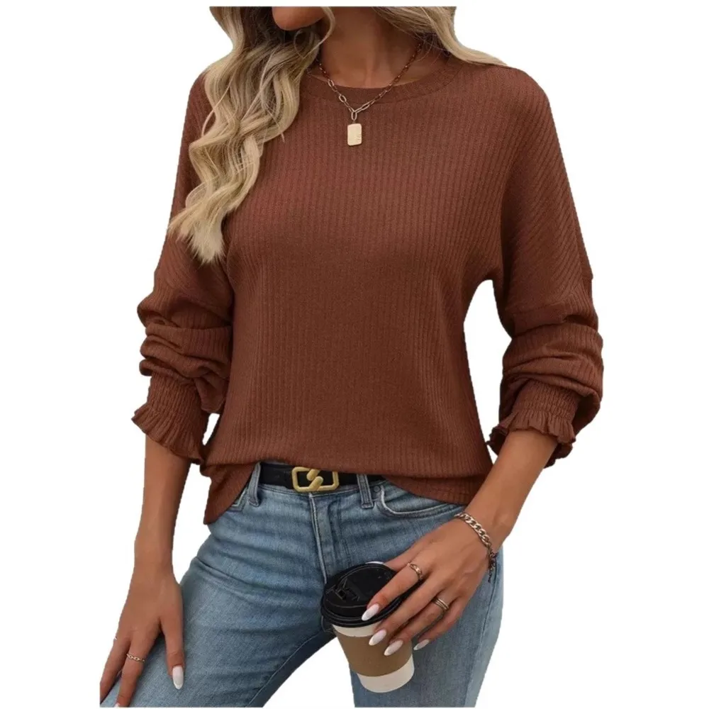 Casual Solid Color Round Neck Long Sleeve Loose T-shirt For Women Simple Style All-match Commuting Casual Trendy Comfortable