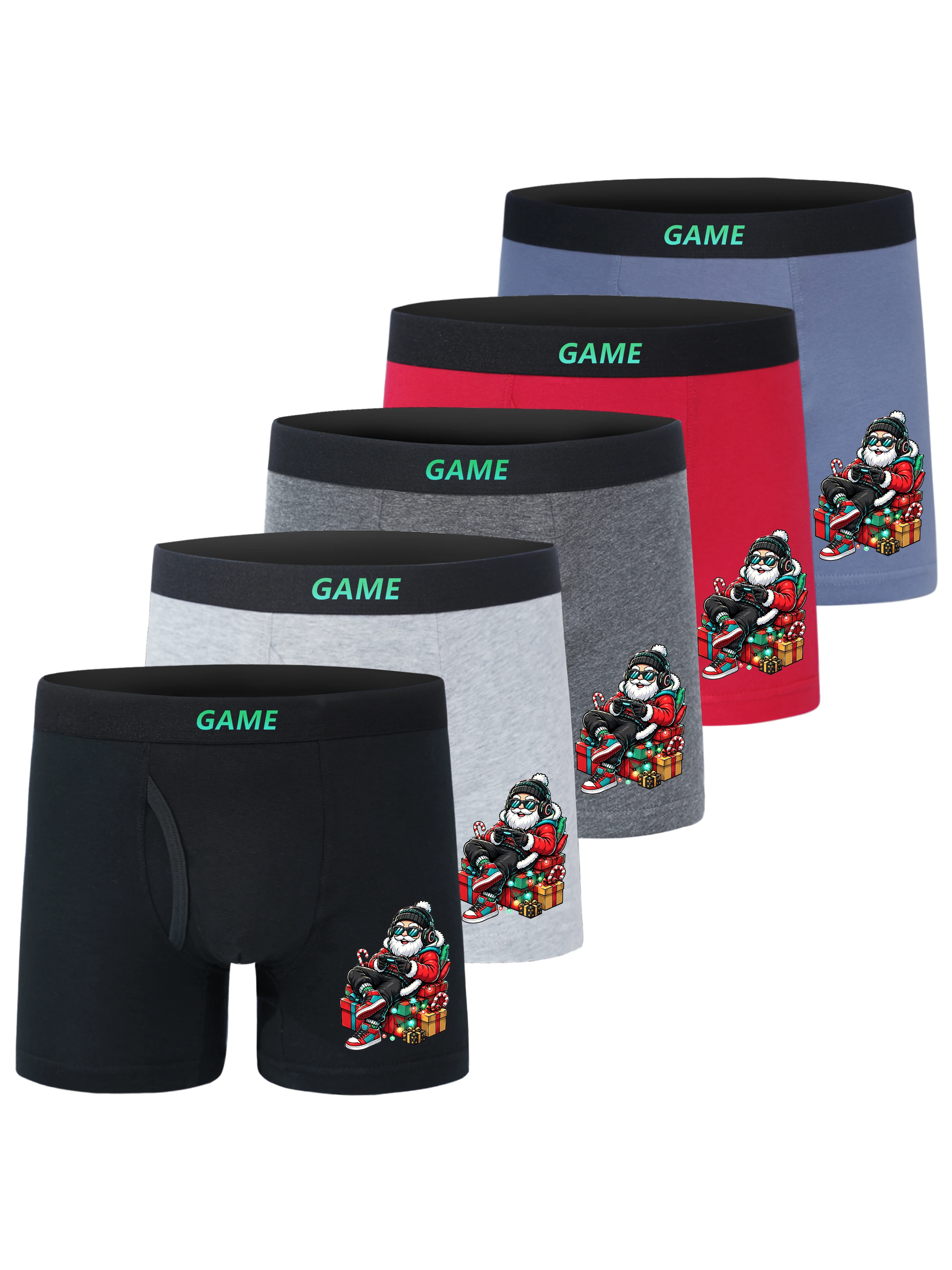 5 Pack Boys Cotton Open Fly Boxer Briefs GAME Letter Waistband Christmas Gamer Santa Gift Box Print Soft Breathable Kids Underwe