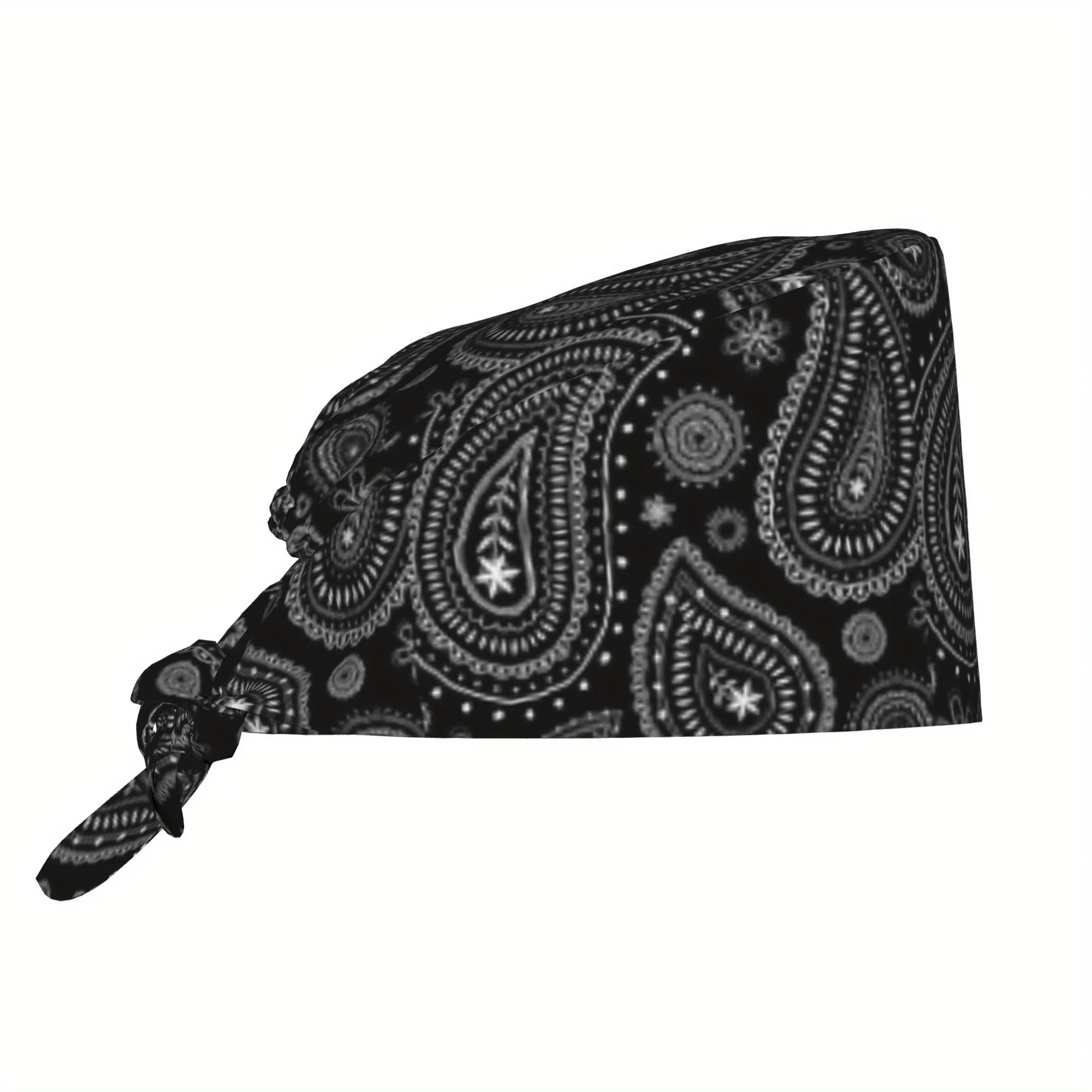 1pc Black Paisley Women’s Adjustable Work Cap - Lightweight, Dustproof Tie-Back Nurse Hat, Chef & Cooking Cap with Floral Patter