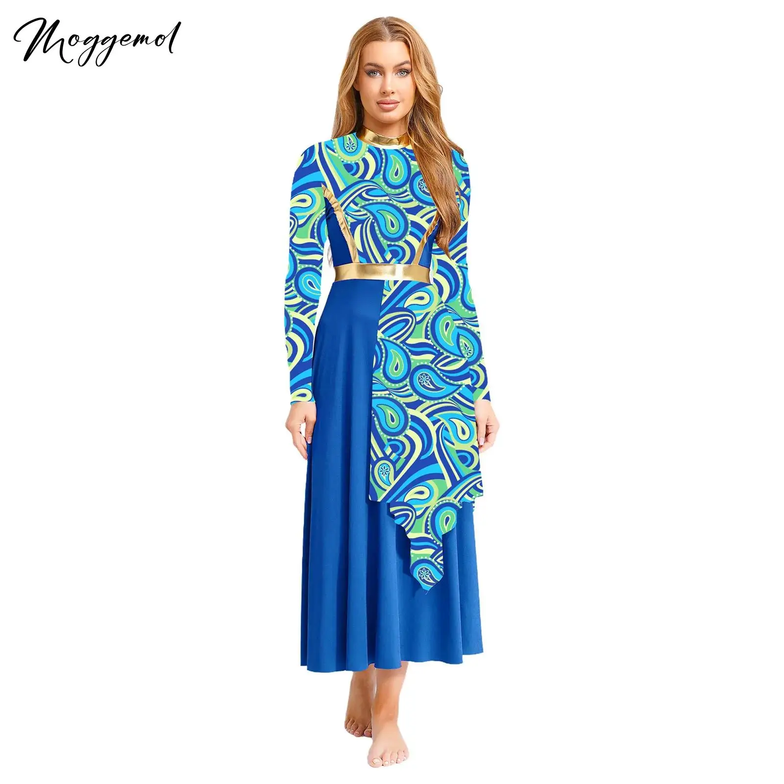 

Womens Liturgical Praise Worship Christian Dance Dress Tunic Mock Neck Long Sleeve Asymmetrical Dress Lyrical Dance Costume