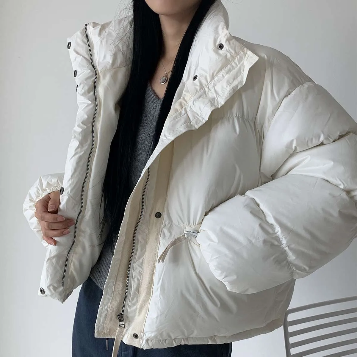 

Женское зимнее длинное пальто Jaet Chic Loose Thiened на молнии с воротником-стойкой, теплое хлопковое пальто ort Sve, длинная длина, стандартного кроя