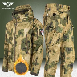 Conjuntos de camuflaje de invierno para hombres, trajes de carga impermeables cálidos de forro polar, chaquetas de concha suave de piel de tiburón al aire libre + pantalón recto con múltiples bolsillos