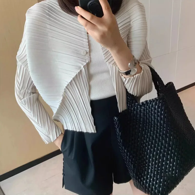 Miyake Style High‑Quality Women Pleated Blazer, Lapel Single Button Short Long‑Sleeve Coat, Casual Elegant Outerwear