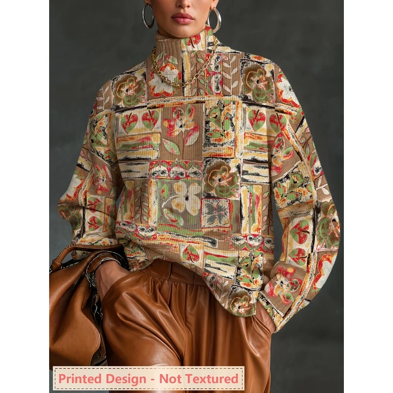 Women's High Quality Print Vintage Collage Turtleneck Sweater Long Sleeve Knit Pullover Loose Warm Autumn Winter Casual Top