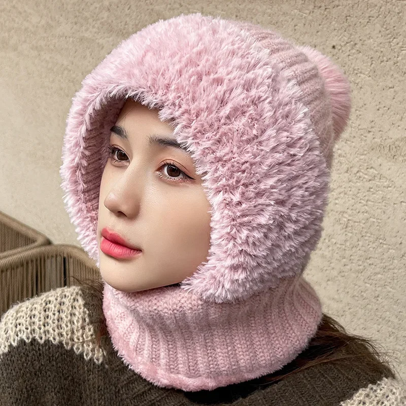 

Winter Warm Balaclava Hat Thermal Knitting Plush Face Mask Hooded Neck Warmer for Outdoor Hike Cycling Cold-proof Cap