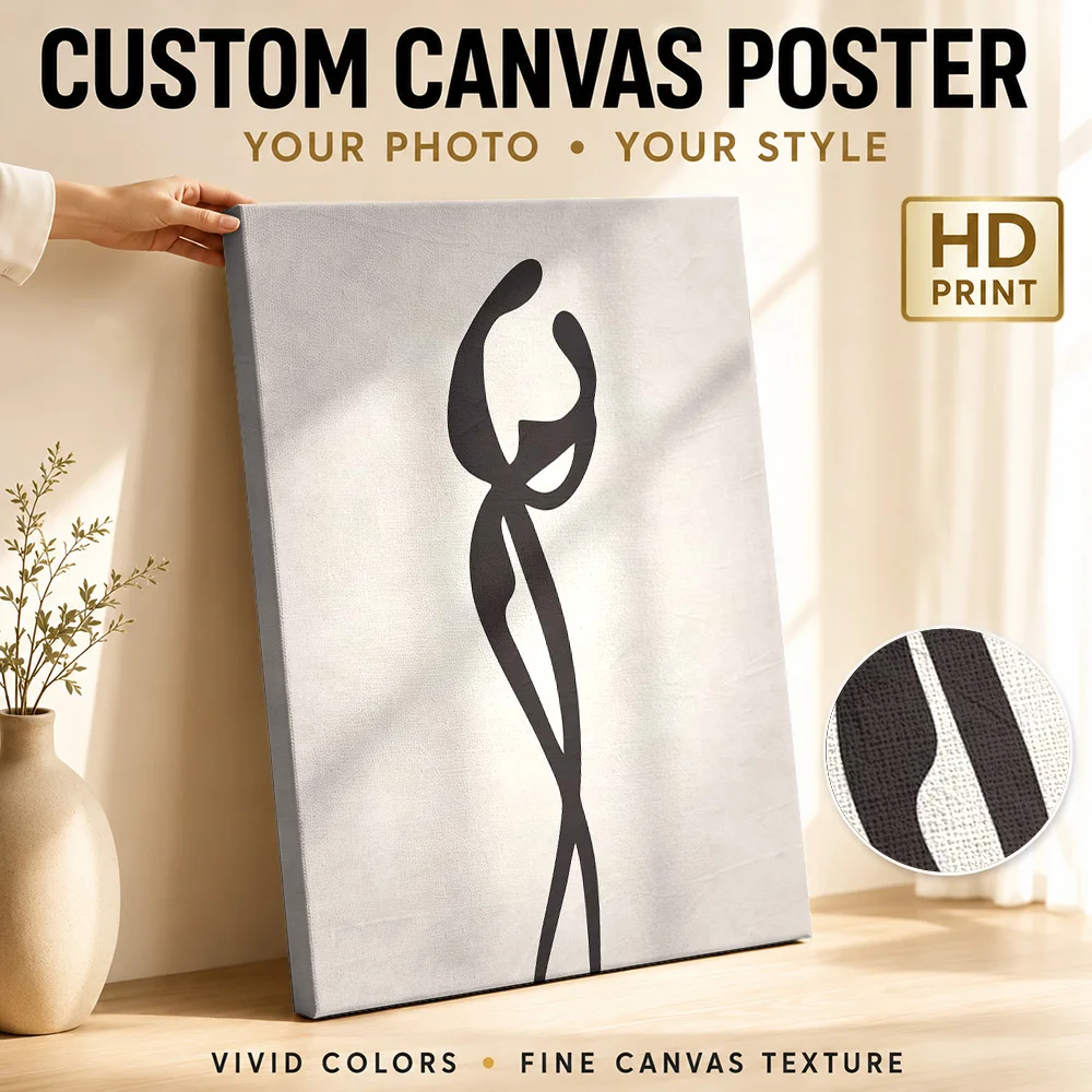 Embracing Couple Silhouette Framed Canvas Poster Customized Photo Minimalist Contour Illustration Wall Art For Couples Bedroom
