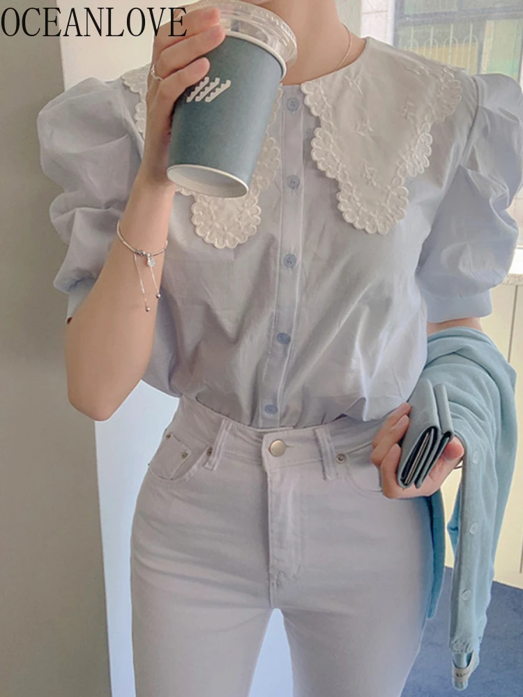 OCEANLOVE Puff Sleeve Women Shirts Peter Pan Collar Lace Patchwork Blouses Vintage Korean Chic Summer Sweet Blusas Mujer