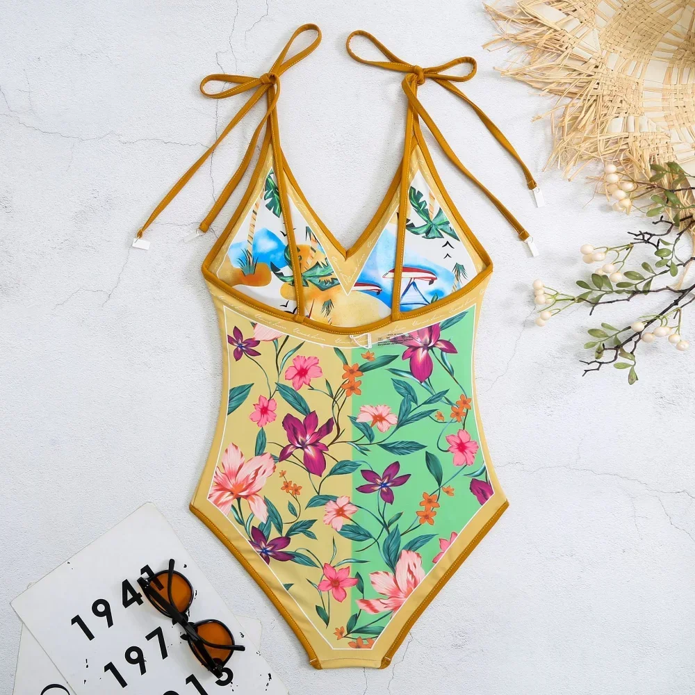 New Vintage Printed Double-sided Wear Swimming Bathing Suit Women Bandage Sexy One Piece Swimsuit Beachwear Swimwear Woman