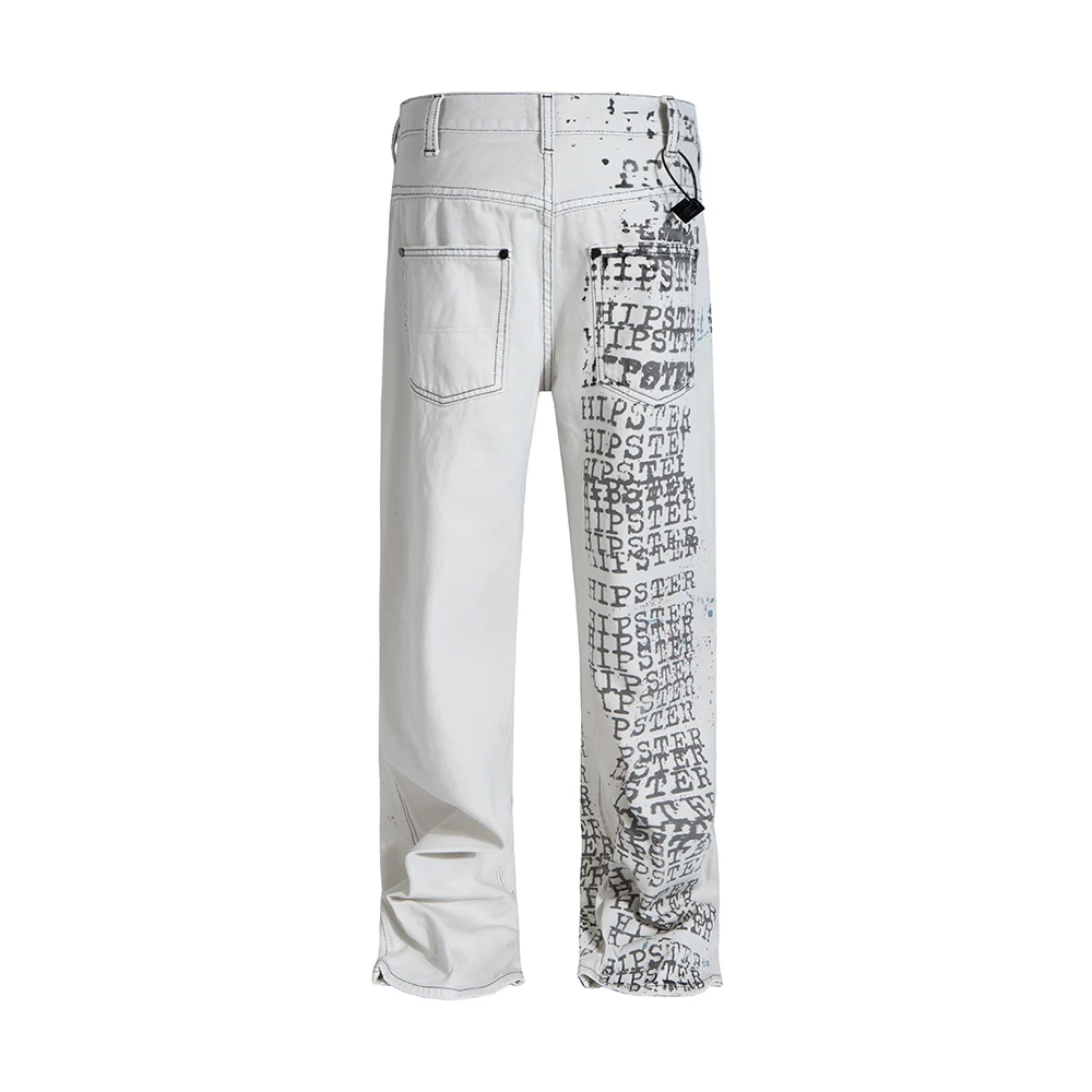High Street White Color Printed Ripped Straight Baggy Jeans for Men and Women Ropa Hombre Loose Denim Trousers Oversized