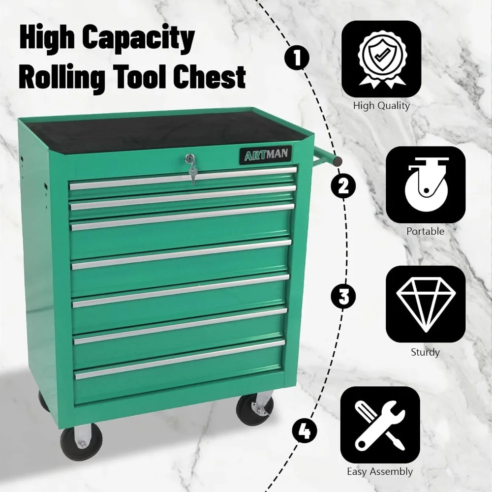 Tool Chest with 7 Drawers, Sturdy Multifunctional Mechanic Tool Storage Cabinet with Lockable Wheels Keys Portable