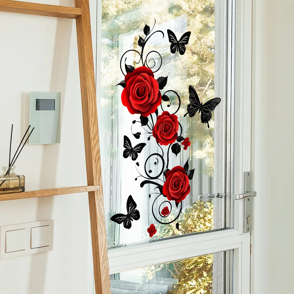 Red Rose Wall Stickers Rose Flower Vine Butterfly Wall Decal Red Peony Floral Wall Decor DIY Vinyl Mural Art for Bedroom