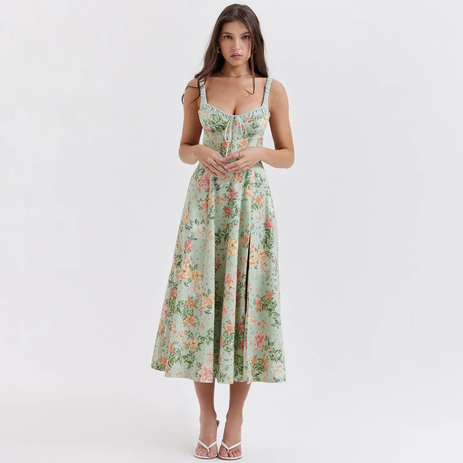 

French split flower suspender chest splicing pleated strap medium and long dress fashionable simple and versatile temperament lu