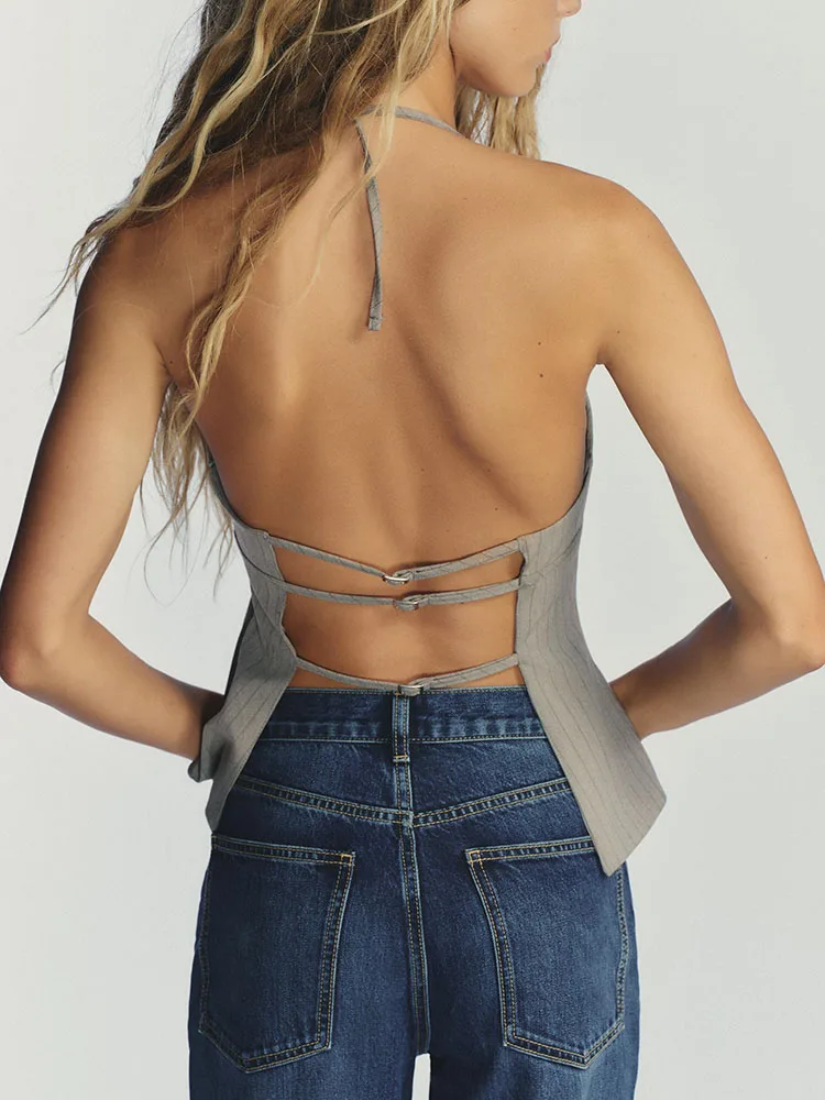 2025년 가을 신상 여성 패셔너블 슬림 스트라이프 네이키드 스트랩 탑 엘레 개인화 여성 의류 무대 의상