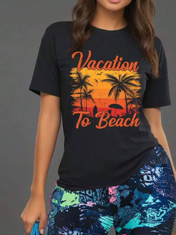 

Vacation To Beach Print Women T Shirts Two Piece Set Hip Hop Fashion Floral Shorts Sets Breathable Summer Soft Top Shorts Female