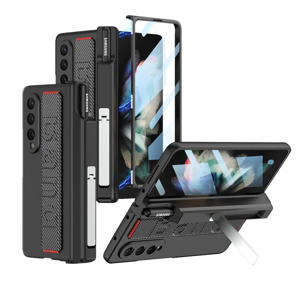 For Samsung Galaxy Z Fold 3 Fold3 Case Matte Wristband Magnetic Hinge Pen Holder Kickstand Shockproof Hard Back Case Accessories