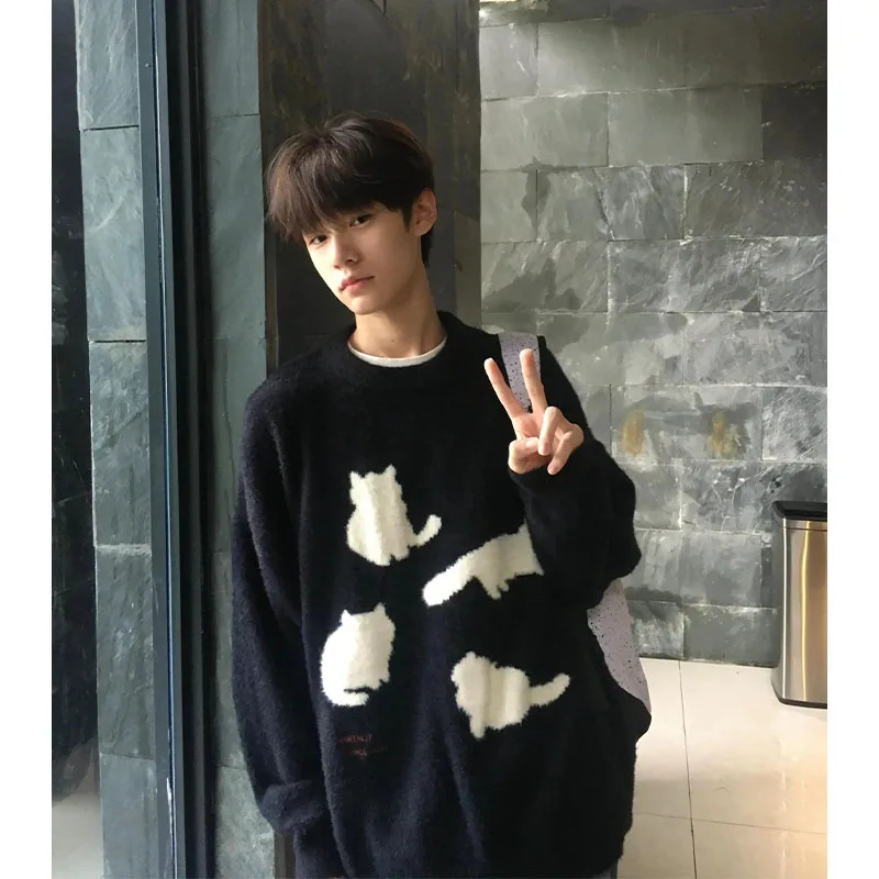 

Мужской вязаный свитер Bla Camere с круглым вырезом, без принта, в американском ретро-стиле, осенне-зимняя верхняя одежда, повседневный свободный крой, длинный рукав