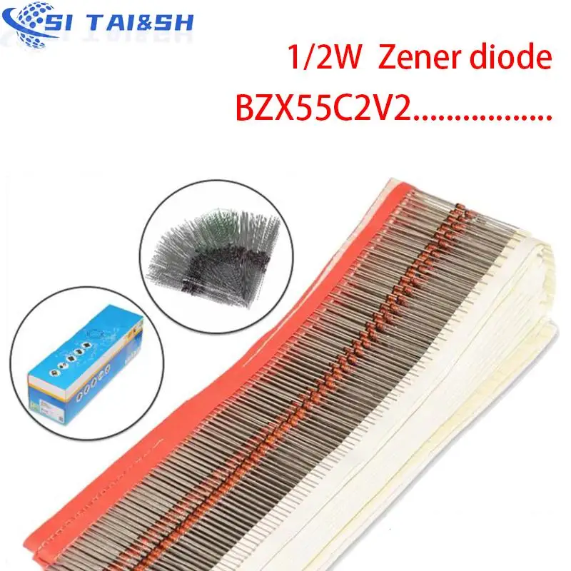 100pcs 1/2W  Zener diode DO-35 BZX55C2V2 2V 2V2 2V4 2V7 3V 3V3 3V6 3V9 4V3 4V7 5V1 5V6 6V2 6V8 7V5 8V2 9V1 10V 11V 12V 13V 15V