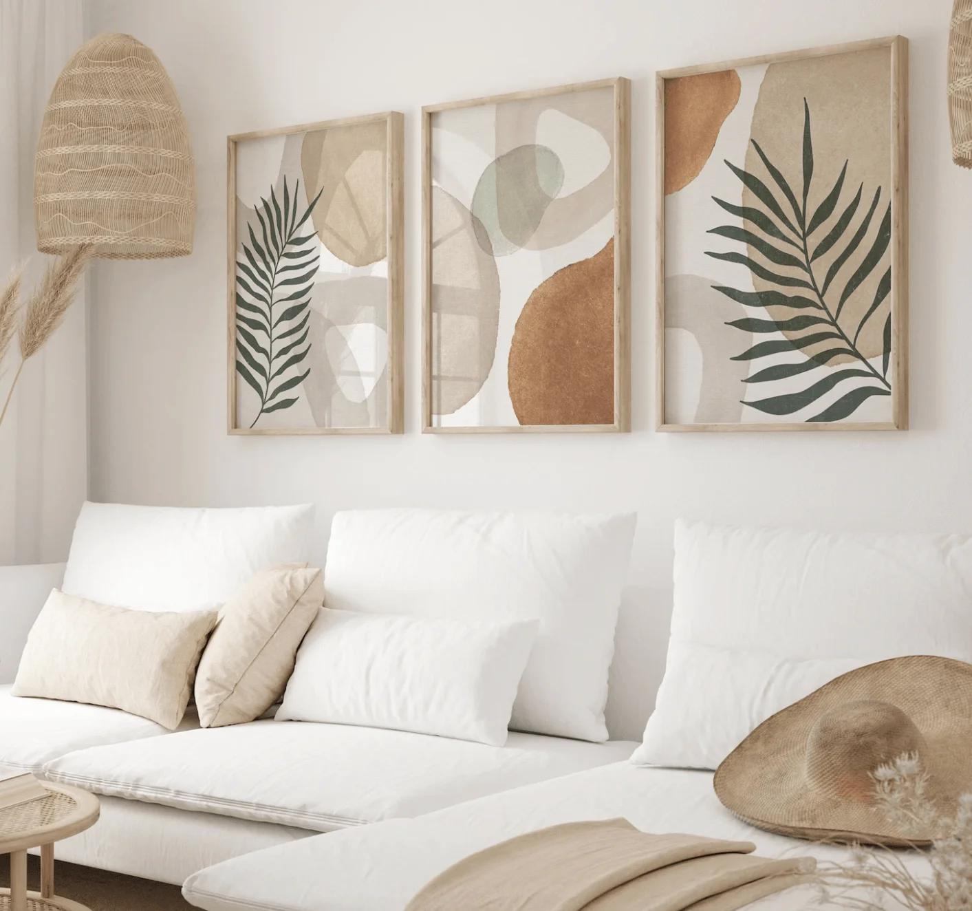 Boho Botanical 3 Panels Wall Art Canvas Prints, Palm Leaf Posters, Earth Tone Decor for Living Room Bedroom Gallery Wall Decor