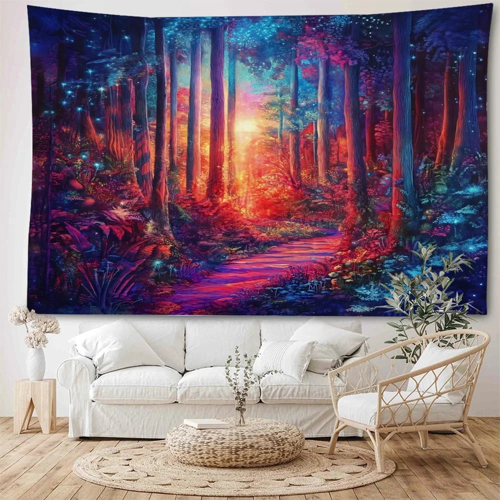 Under the beautiful starry sky, forest paths, river backgrounds, decorative tapestries, home backgrounds, walls, bedroom decorat