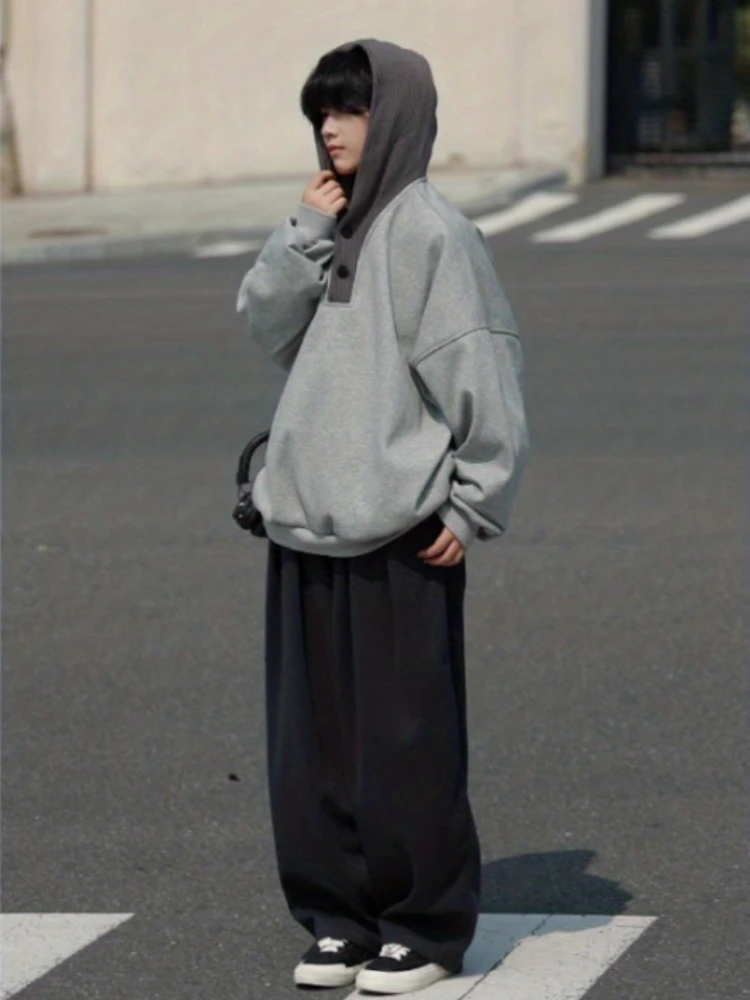 Mens Vintage Japanese Style Hooded Sweatshirt Drop Shoulder Loose College Jacket Fall