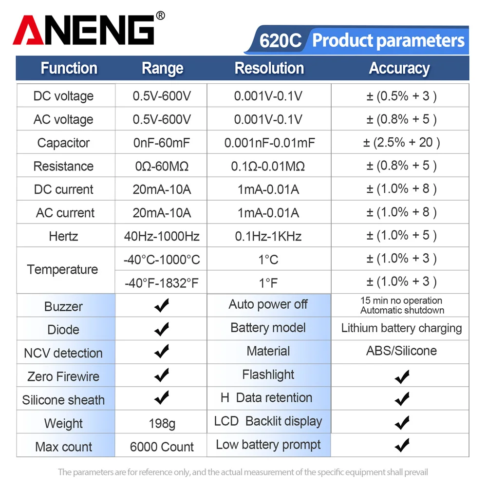 ANENG 620C Digital Multimeters Built-in Lithium Battery 6000 Counts Tester Auto recognition 10A Meter Tools with Charging Cable