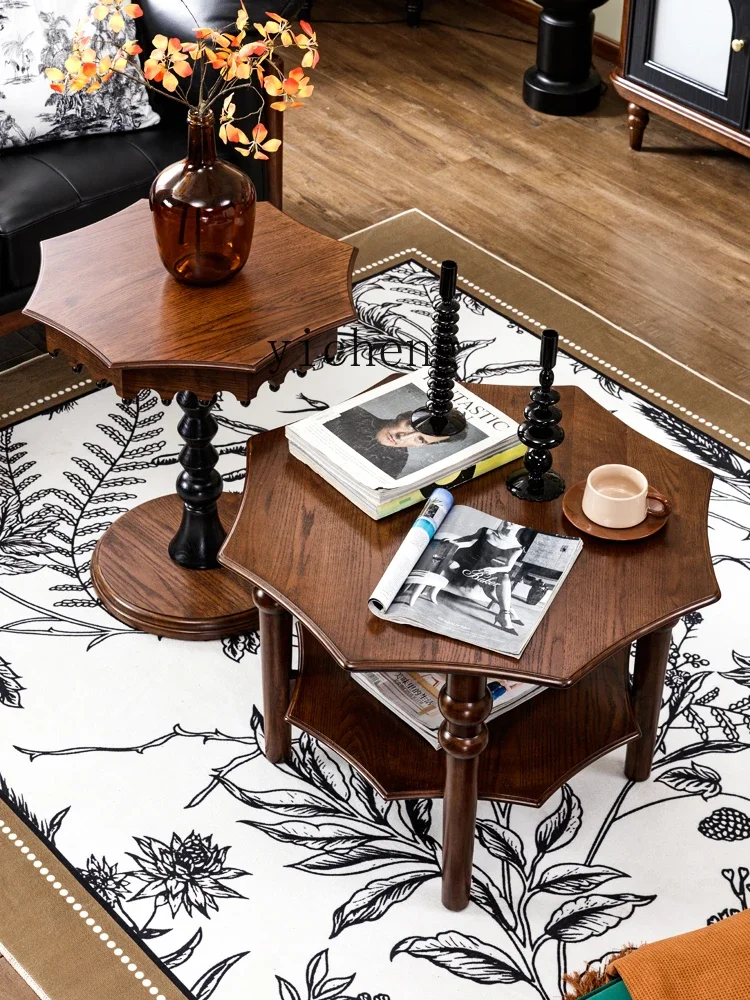 L31 Retro Pure Solid Wood Small Tea Few Octagonal Round Creative Sofa Living Room Two-color Advanced Sense Light Luxury