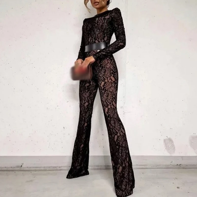 Autumn Sexy Lace Mesh Stitching Long Jumpsuit Sexy Bodycon Embroidery Club Romper Women Solid Color O-Neck High Waist One Piece