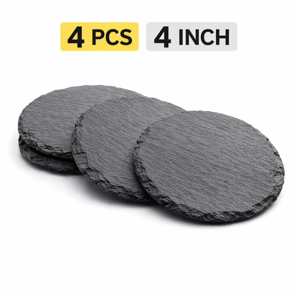 4pcs Slate Coasters Blank, 4 Inch Round Black Stone Coasters for DIY Laser Engraving, Beginner Craft Trial Pack