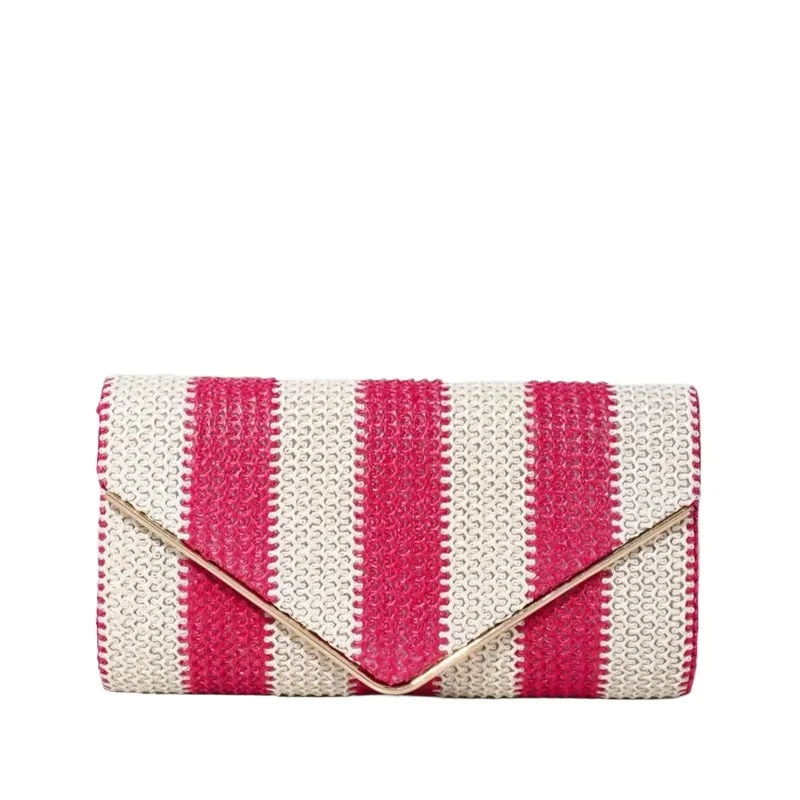 Summer Holiday Fashion Envelope Purse Women Boho Style Stripy Contrasting Color Woven Clutch Bags Colorblock Straw Pouch
