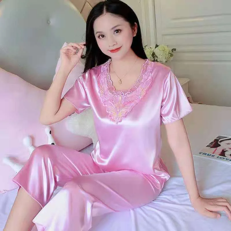 Plus Size 3XL Satin Pajamas Set Women\'s Pajamas Casual Pants 2 Piece Set Sleepwear Female Home Suit Sets Nightwear