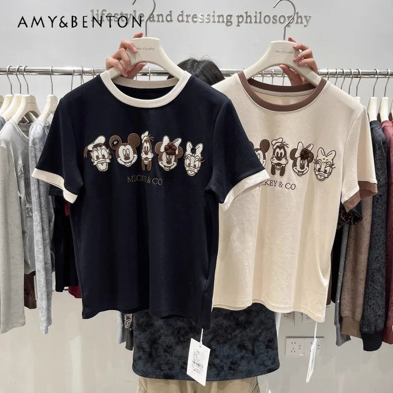 

Autumn New Sweet Cute Top Heavy Embroidery Cartoon Short Sleeved T-Shirt Ladies Cartoon Age-Reducing Versatile Bottoming Shirt