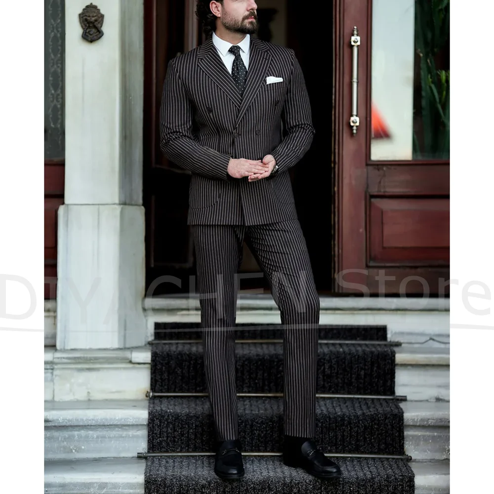 

Men's Pinstripe Double Breasted Suit Set Black Formal Business Office Wear Fashion Wedding Party 2 Piece Slim Male Suit