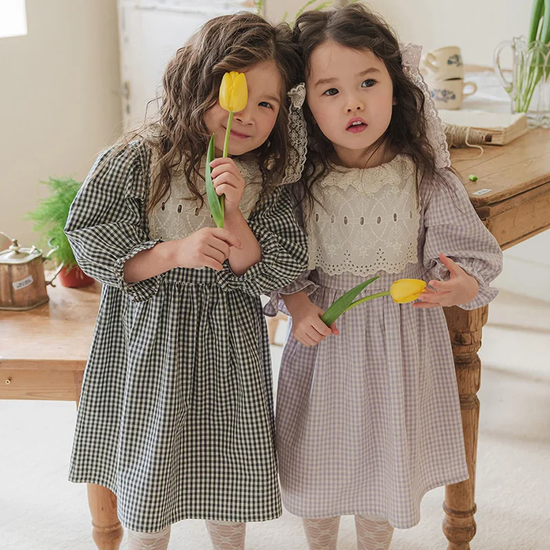2025 spring children girls girls cotton sweet lace patchwork lotus collar plaid dress