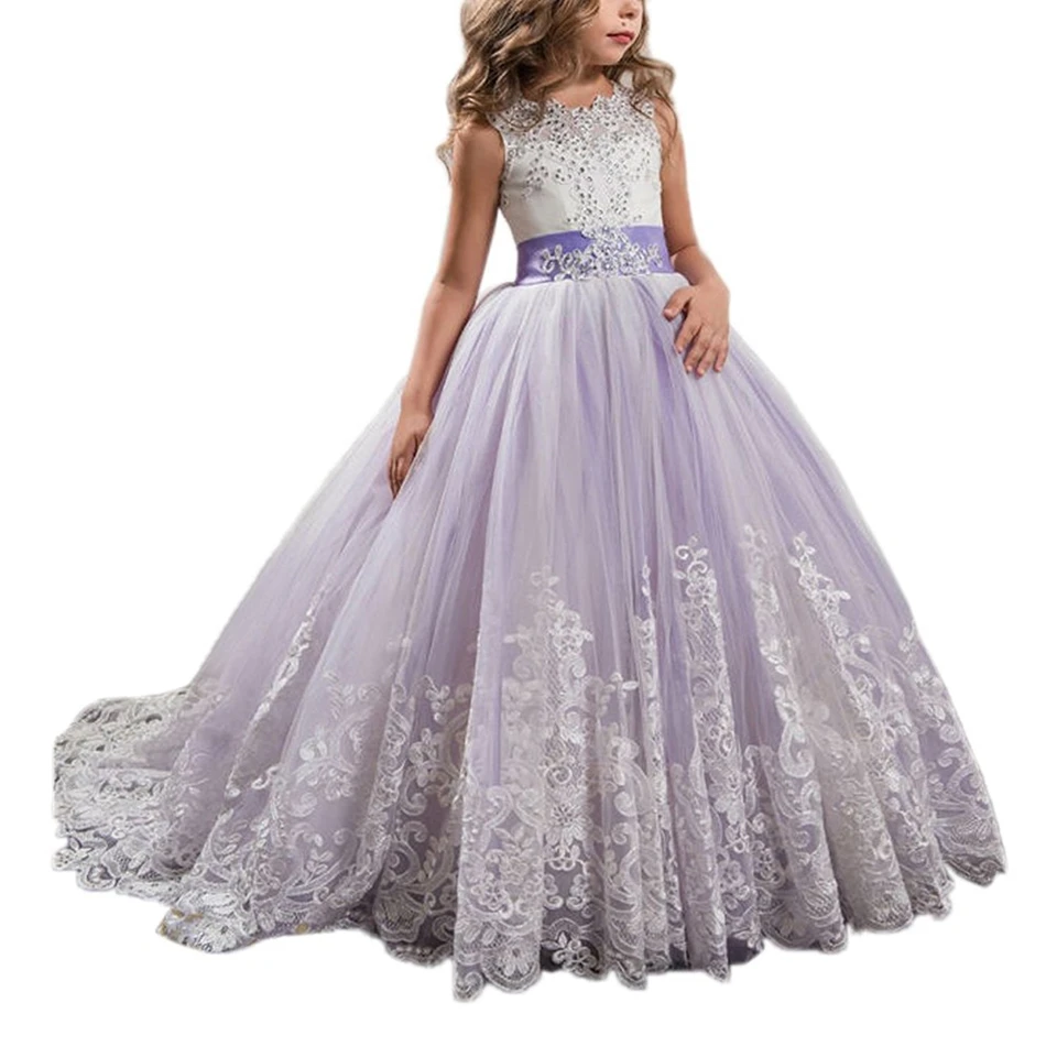 HYGLJL Girl Princess Dress Prom Party Girls Pageant Dress with Train Long Princess Lilac Kids Prom Puffy Tulle Ball Gown