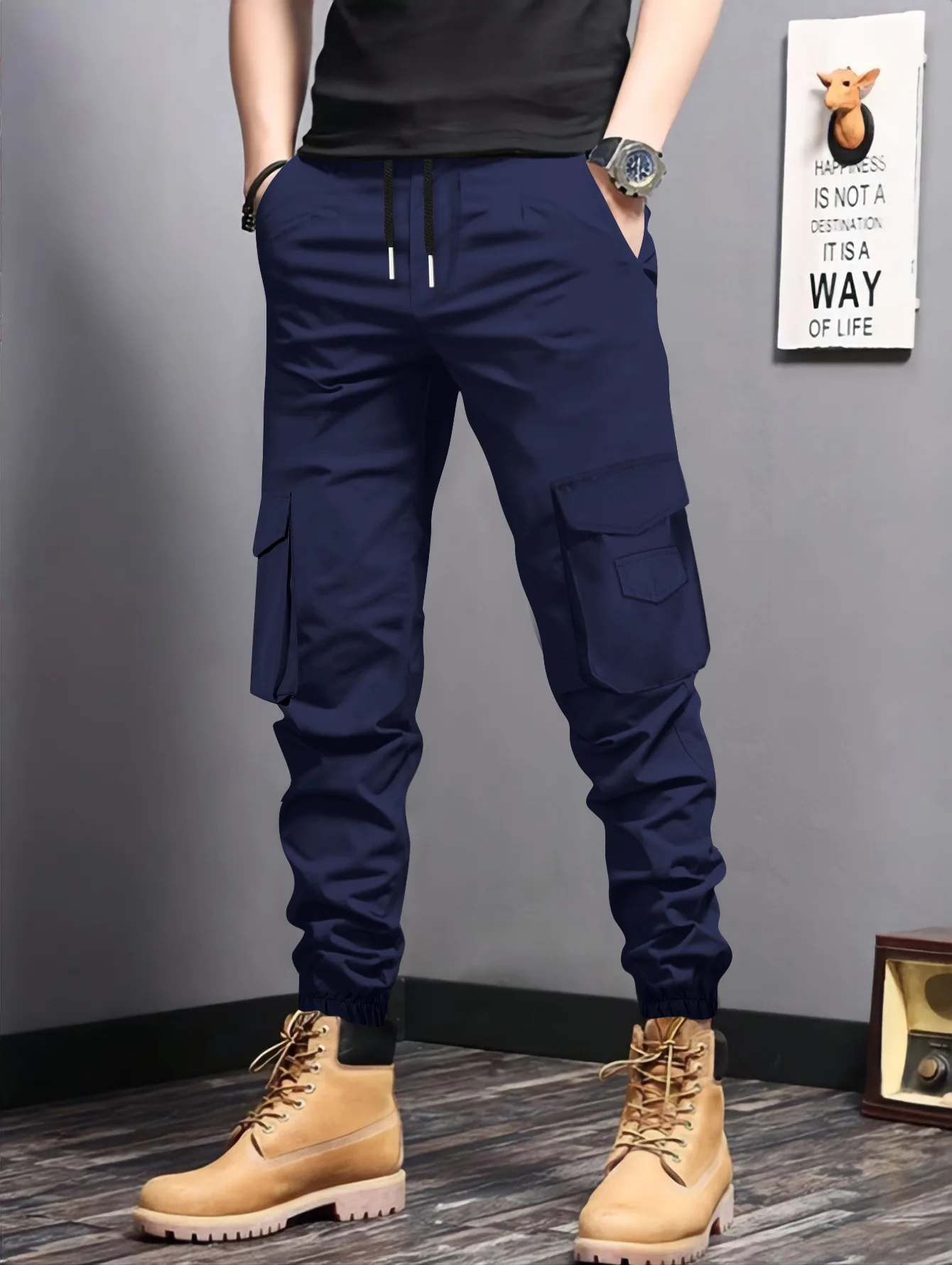 새로운 겨울 및 가을 남성 작업 바지, 캐주얼 바지, 다수의 포켓과 신축성 있는 밑단이 있는 슬림핏 남성 바지