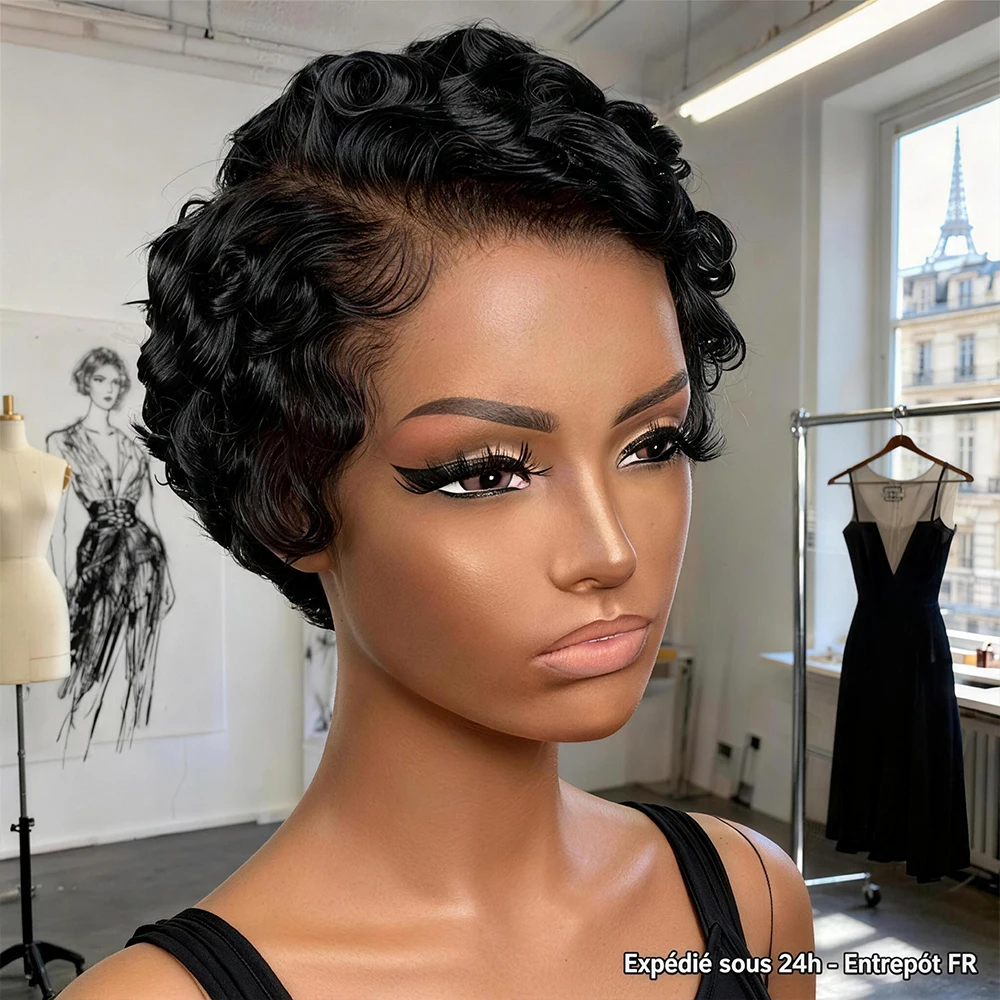 Lockige Pixie-Cut-Kurzhaarperücken aus peruanischem Remy-Echthaar, vollständig maschinell gefertigt, kleberlos, sofort tragbar, natürliches Schwarz, Versand aus FR-Lager für Damen